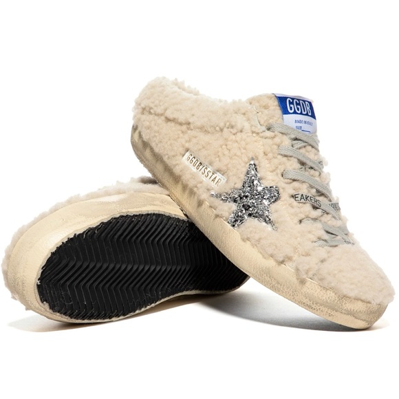 NWT Golden Goose Superstar Sabot Shearling Glitter Sneaker Mule Natural / Silver - Picture 2 of 16